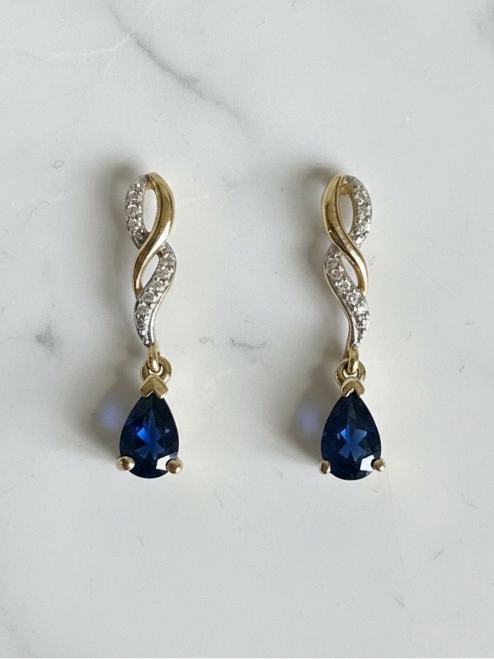 Sapphire & Diamond Pear Drop Earrings in Solid 10K Yellow Gold